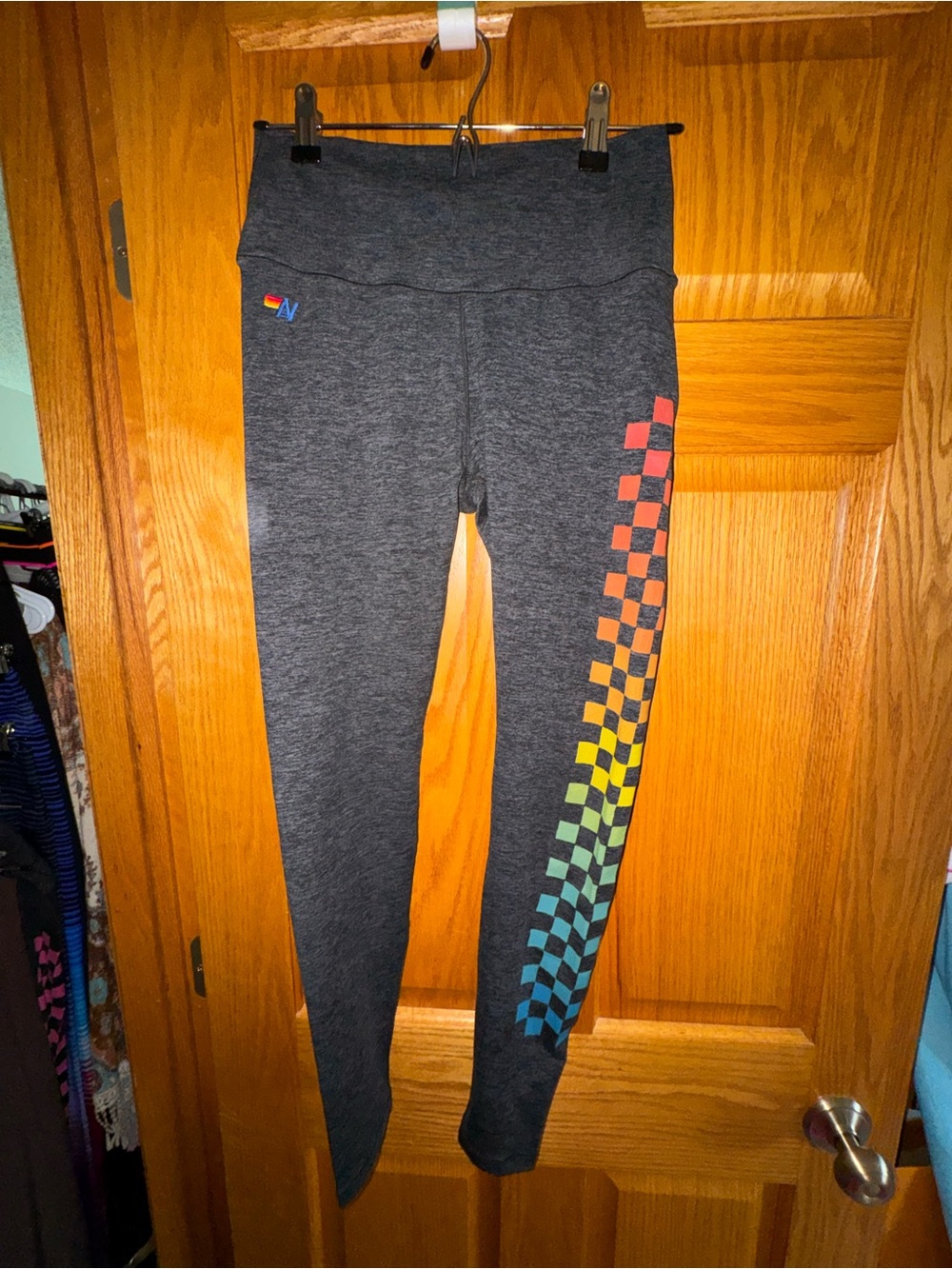 Aviator Nation Leggings with Rainbow Checkerboard Side Medium